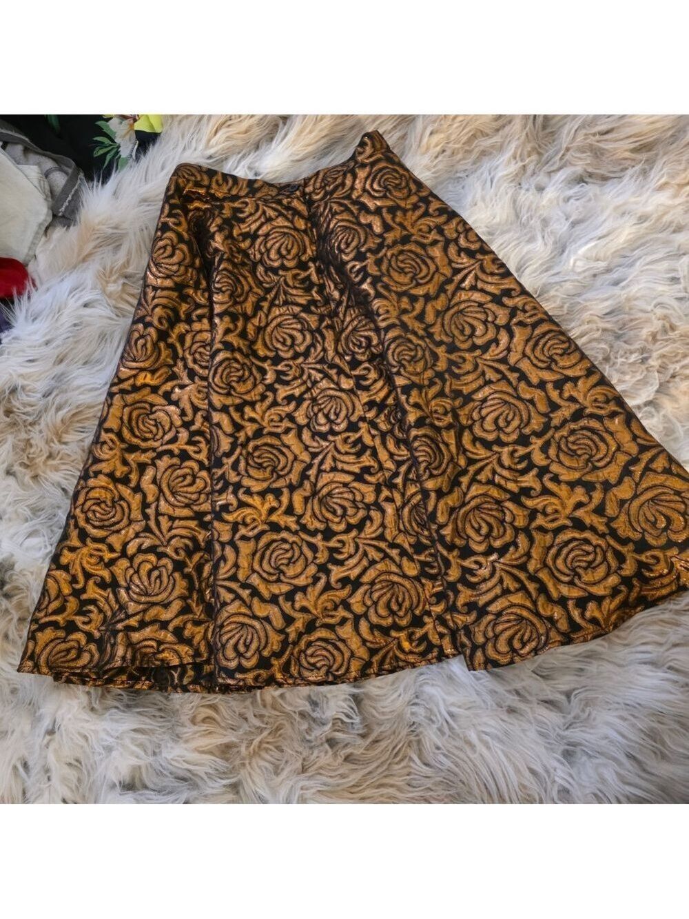 Bettie Page Black Copper Floral Brocade A-Line Skirt
